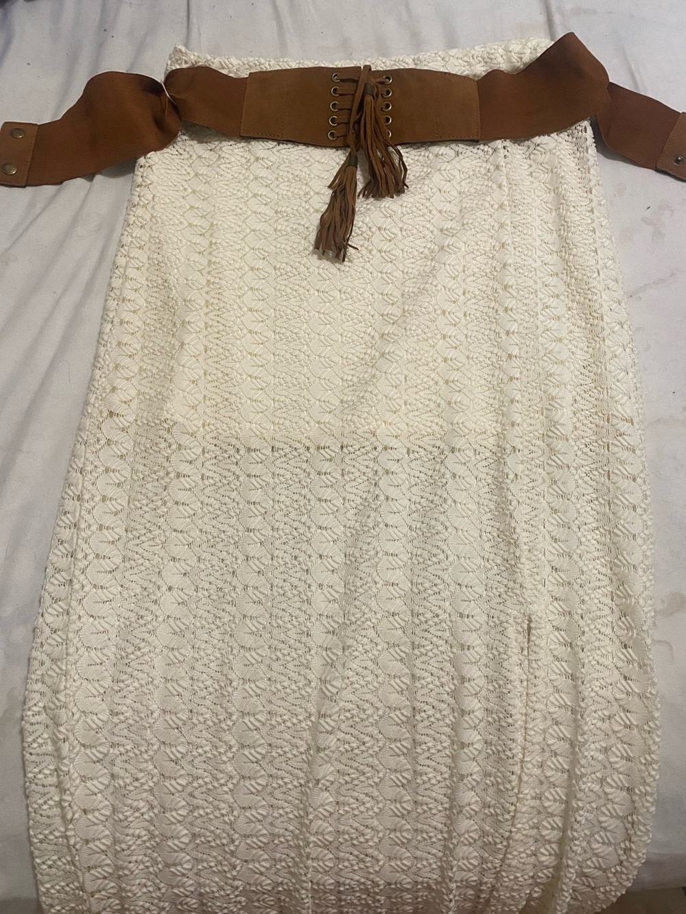 No Boundaries Cream Crochet Maxi Skirt with Brown Tassel Belt
